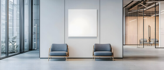 Modern Minimalist Lobby Interior Design With Gray Chairs And Blank Canvas Art
