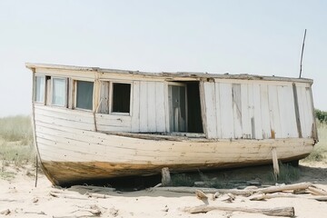 Abandoned weathered wooden boat on beach