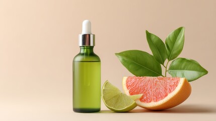 Bottle of perfume is next to a slice of grapefruit and a lime. The bottle is green and the fruit is red