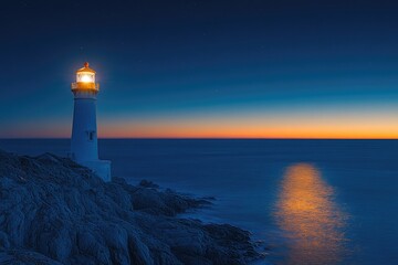 Tranquil coastal scene at twilight with a lighthouse.