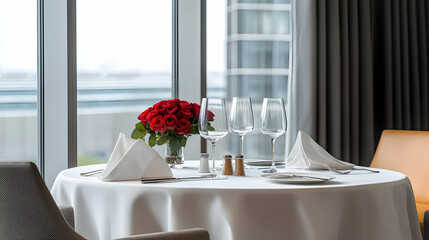 Romantic Dinner Setting In Modern Restaurant With City View