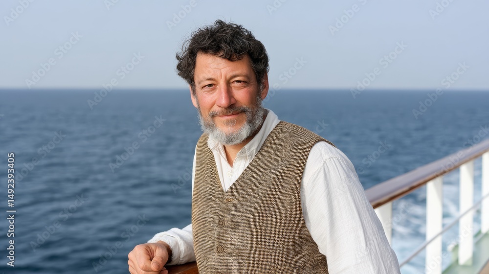 Poster man with a beard and a vest stands on a boat in front of the ocean. he looks happy and relaxed