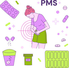 PMS Symptoms and Pain Relief Pills – Flat Vector Illustration of Woman with Menstrual Cramps Vector flat illustration showing a young woman experiencing abdominal pain due to PMS (Premenstrual Syndrom