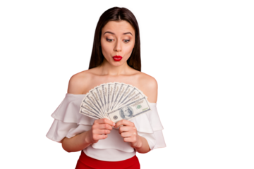 Portrait of astonished cute person holding money look wearing off-shoulders isolated over red background