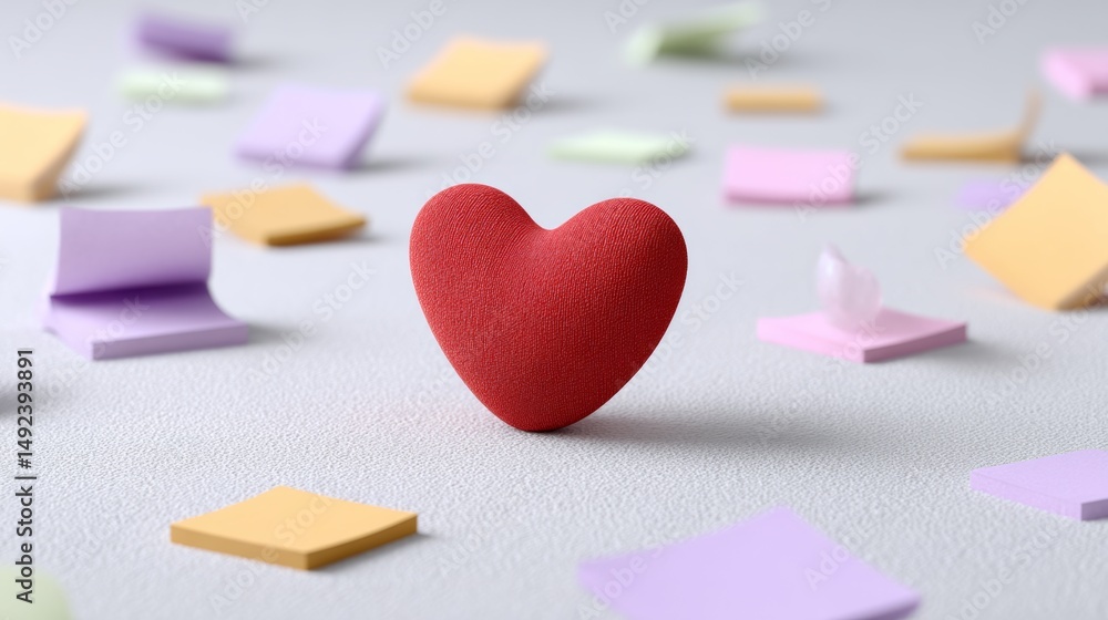 Poster heart is sitting on a table with many colorful sticky notes scattered around it. the heart is red an