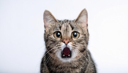 Angry and surprised cat isolated on white background with a funny and excited expression 