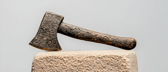 Antique Axe On Stone Block