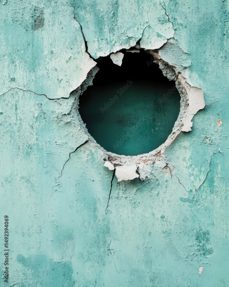 Poster close up of a weathered turquoise wall with a large circular hole and cracks showing texture and age