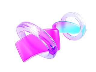 Fototapeta premium Glass translucent ribbon with crystal rings, abstract background 3d render. Rainbow wave tape or liquid water flow with hologram circle geometric shapes and pink blue gradient texture