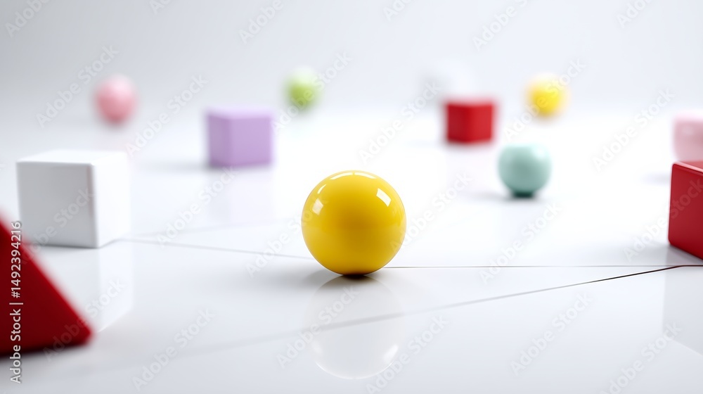 Poster yellow ball is surrounded by a bunch of different colored blocks. the blocks are arranged in a way t