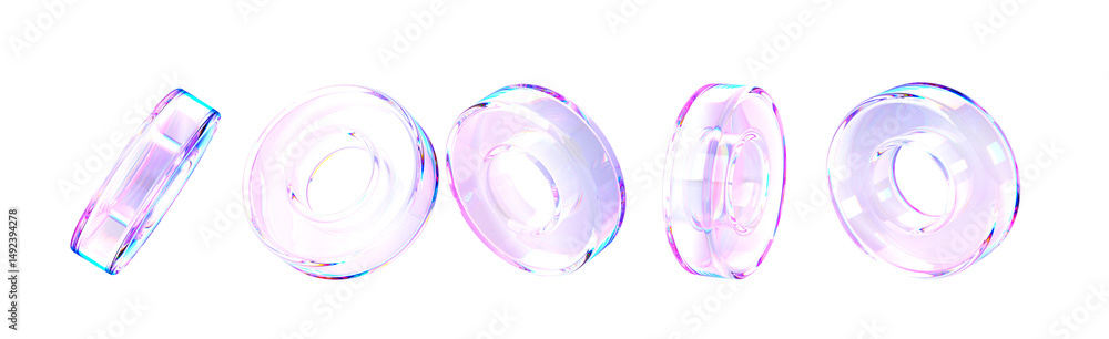 Poster 3d set of crystal light hologram glass ring render isolated icon. Abstract geometric figures with rainbow color gradient, transparent circle liquid objects, chromatic graphic elements