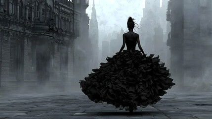 Silhouette Woman In Black Gown Walking Through Ruined Cityscape