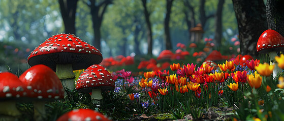 Colorful Forest Meadow With Mushrooms And Flowers