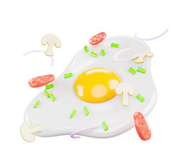 Fried egg with tomato, mushrooms and green onions 3d render icon. Omelette with flying vegetable slices, restaurant or homemade meal, breakfast cooking isolated on white background