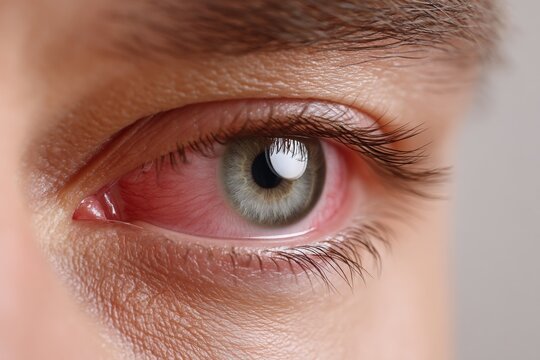 Close-up of a red, irritated eye, due to infection or allergy, showing redness and inflammation.