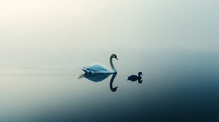 A serene scene of a swan gliding with its cygnets on a misty lake, reflecting calm and tranquility