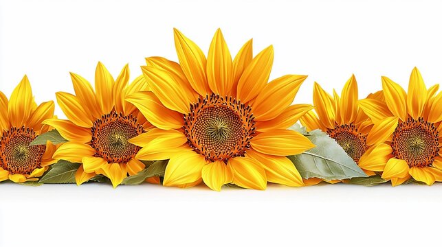 Row of vibrant sunflowers against white background