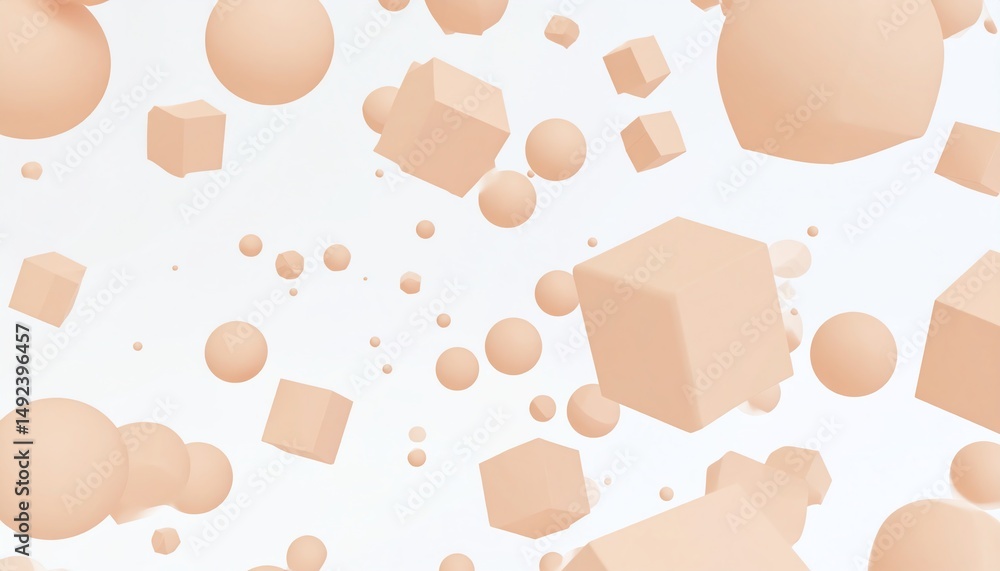 Poster abstract shapes in soft pastel colors float against a light background, creating a sense of depth an
