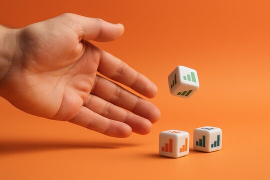 A hand tossing dice with bar chart icons on an orange background.