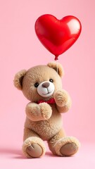 Adorable teddy bear holding a red heart balloon on pink background