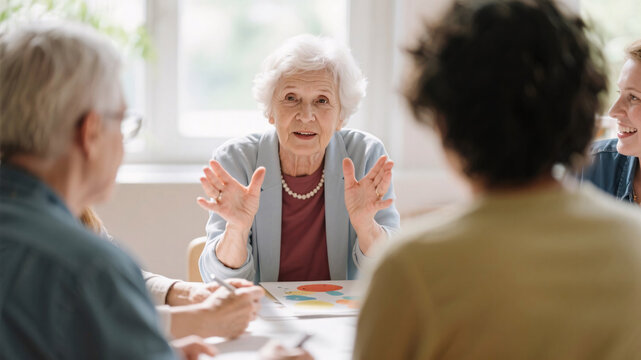 Senior woman in a small group, passionately engaged in a creative storytelling exercise, promoting cognitive flexibility