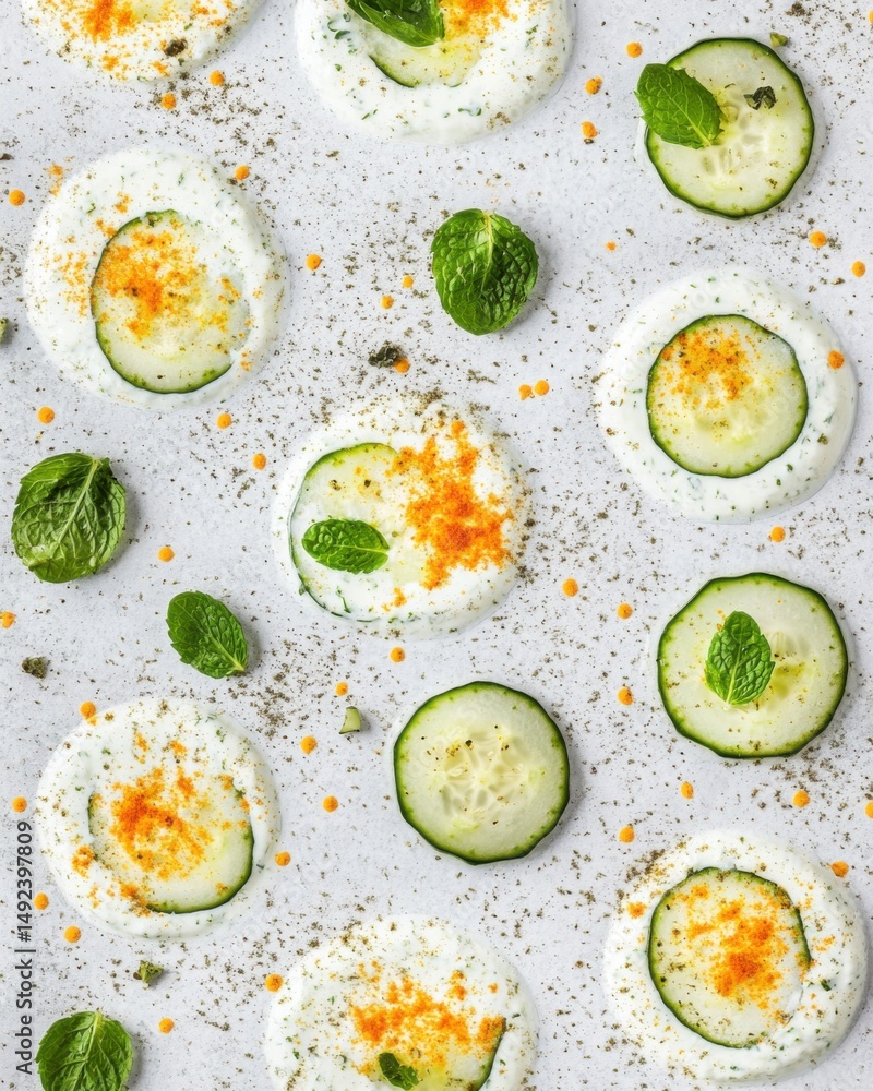 Poster overhead flat lay of cucumber slices in yogurt sauce with mint and spices on white background food p