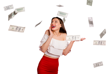 Portrait of cute youth impressed touch face with hand wear red skirt isolated over red background