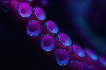 Close-up of vibrant purple octopus tentacles with detailed suction cups under dramatic lighting.