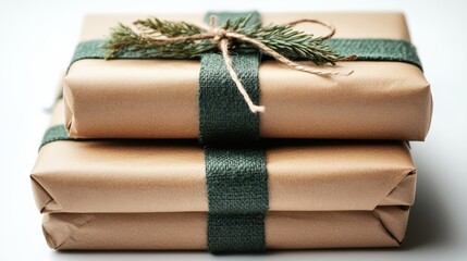 Three beautifully wrapped gifts in eco-friendly paper with green twine and pine accents