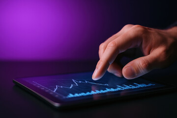 Fototapeta premium A person interacts with a digital graph on a tablet under purple light, analyzing financial or business data.