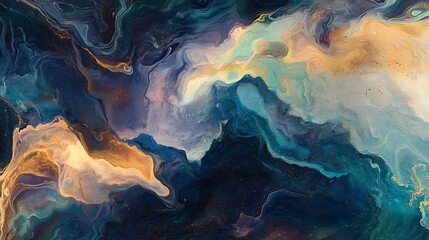 Fototapeta premium Abstract cosmic ocean with fluid symphony of gold teal and midnight for scene set in creativity art design inspiration imagination cosmic concept.