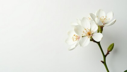 Fototapeta premium Delicate white blossom against pure white backdrop, minimalism, plant, botany