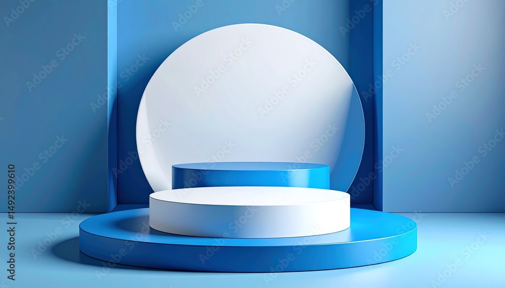 Poster minimalist blue backdrop with circular platforms, creating a modern and artistic display