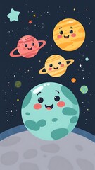 Naklejka premium Adorable cartoon planets in outer space illustration