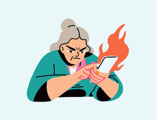 Angry Senior Woman Burning Smartphone Illustration