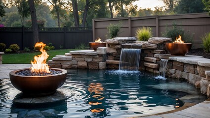Custom pool features with fire pots and waterfall