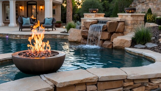 Custom pool featuring fire pots and waterfall elements