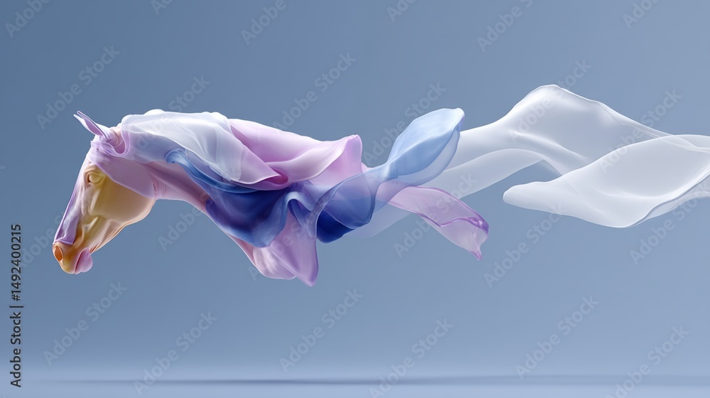 Poster horse is flying through the air with a colorful scarf trailing behind it. the image has a whimsical 