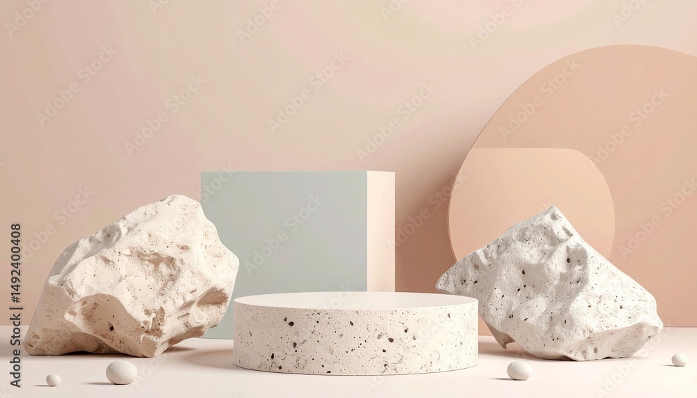 Aufkleber minimalist display featuring geometric shapes and textured rocks against a soft pastel background, c