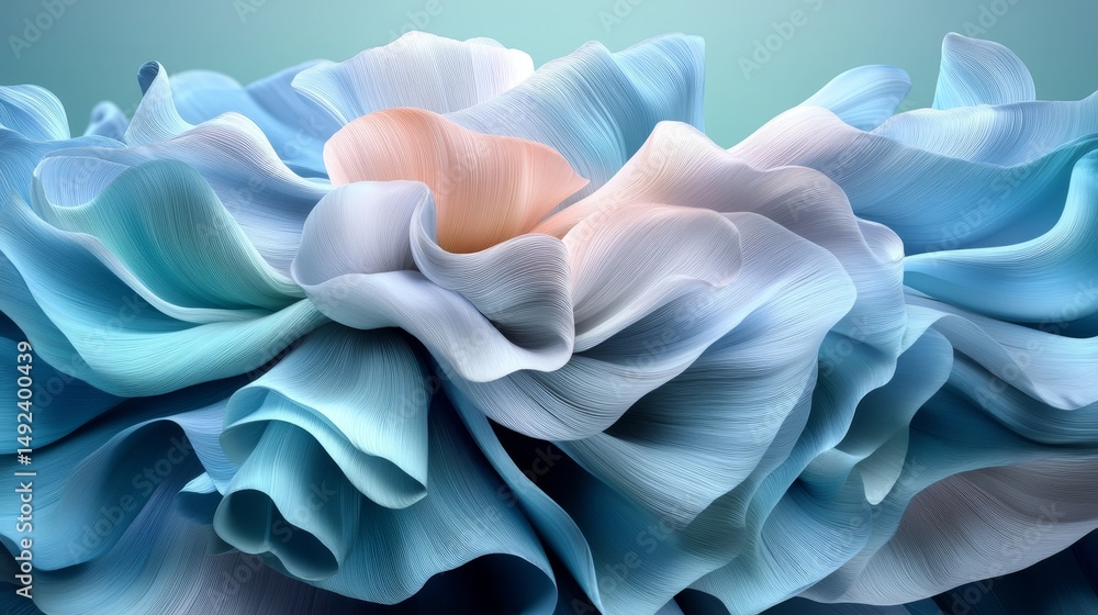 Poster abstract background with 3d folded paper waves, dynamic fluid forms in blue and mint tones