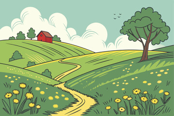 Naklejka premium 131 idyllic meadow, rolling hills, lush green grass, vibrant yellow wildflowers, winding pathway, red barn, scattered trees, cumulus clouds, serene pastoral landscape, warm sunlight, peaceful countrys