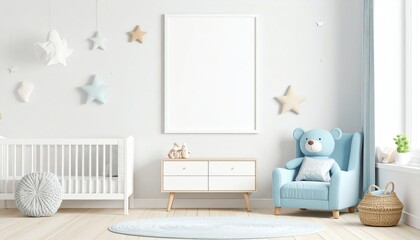 A serene nursery featuring a crib, pastel decor, a blue bear chair, and soft star motifs, perfect for a calming atmosphere