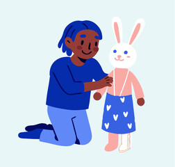 Boy Dressing Up Stuffed Bunny Rabbit Toy