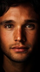 Obraz premium Intimate Portrait: A close-up shot showcases the warm features and expressive eyes of a young man, bathed in soft light, revealing his unique character and inner thoughts.
