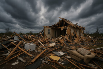 Fototapeta premium Abandoned house with severe storm damage, debris scattered across the ground, dark clouds looming overhead, creating a dramatic and unsettling atmosphere of destruction and loss