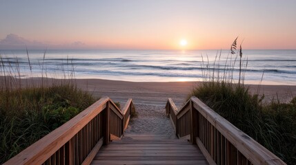 Fototapeta premium Wooden staircase leads to the beach. The sun is setting, casting a warm glow over the scene. The beach is calm and peaceful, with the waves gently lapping at the shore