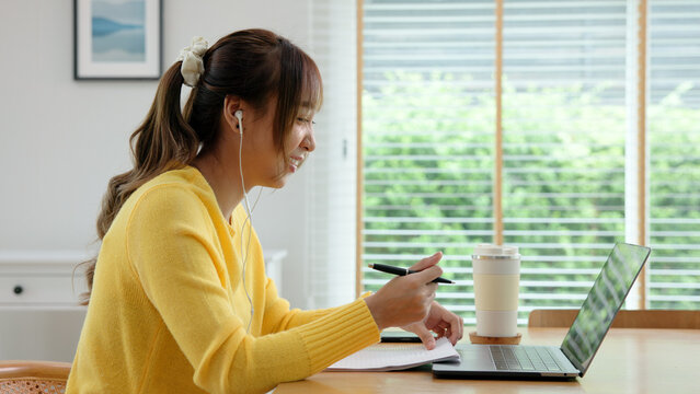 Future of workforce work hybrid anywhere workplace for Gen Z AI tech talent. Young adult asia people sit video call talk learn online telework or study MBA class at home happy smile digital nomad job.
