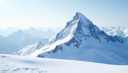Snow-covered mountain peak, pristine white landscape, serene, still