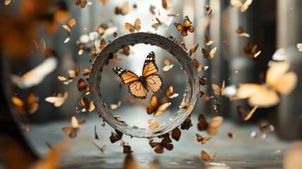 Vibrant Monarch Butterflies Swirling Around a Circular Frame
