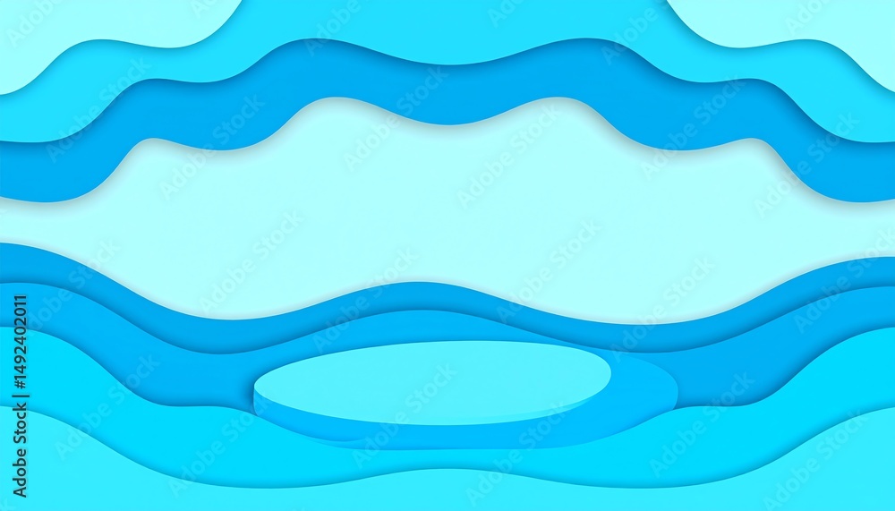 Poster abstract design featuring layered waves in various shades of blue, creating a serene and fluid visua